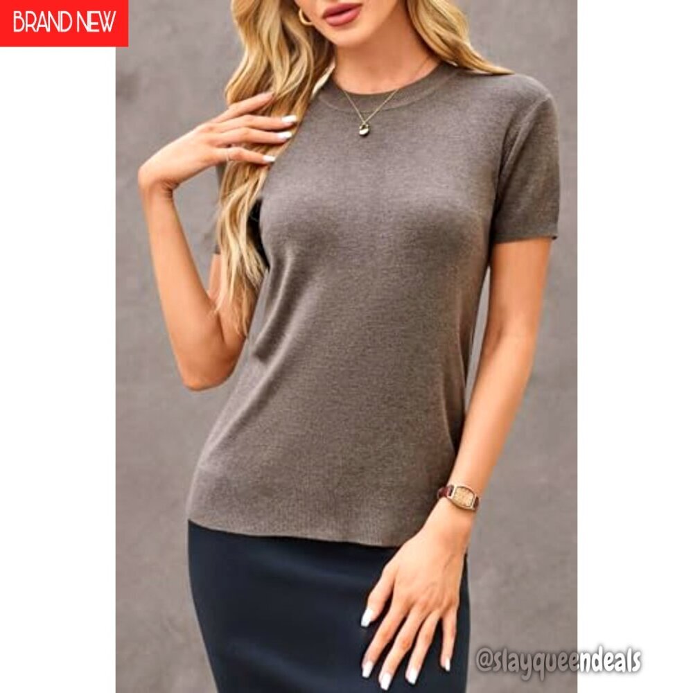 Wool Blend Pullover Sweater, Loose Fit, Short Sleeve, Crew Neck, Essential - Picture 7 of 8